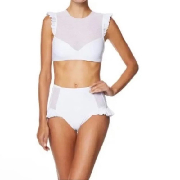 NWT AVEC LES FILLES Mesh Ruffle White Bikini Set sz L white polkadot mesh - Picture 1 of 14